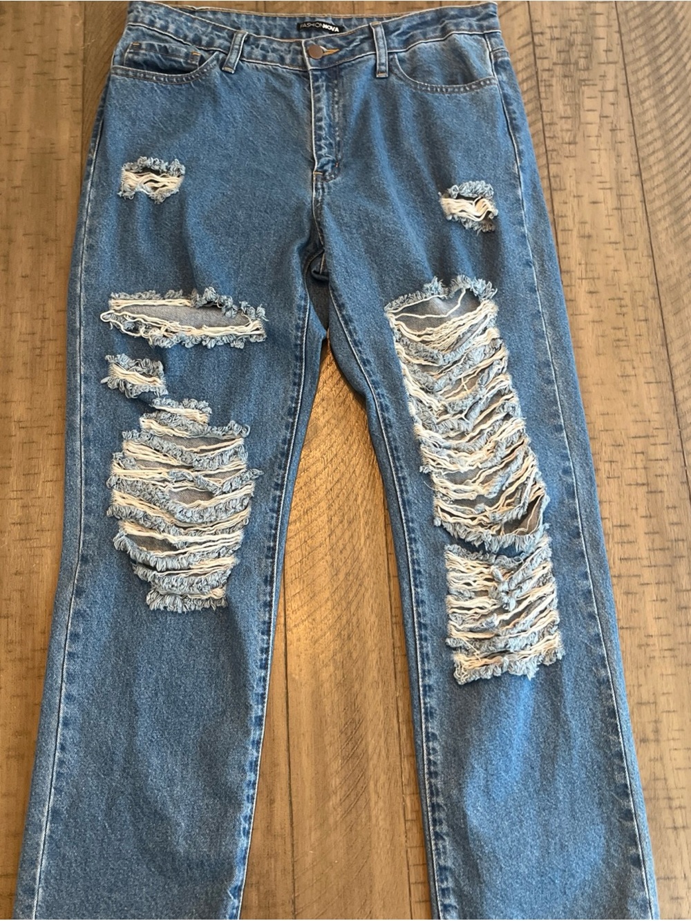 Fashion Nova Distressed Blue Straight Leg Jeans